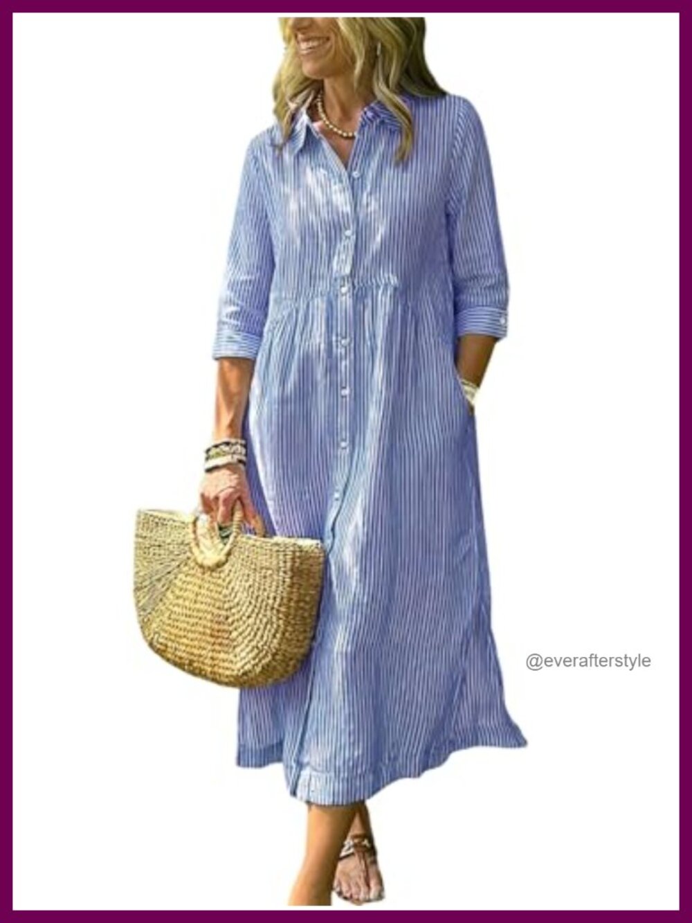 Boho Striped Shirt Dress 3/4 Sleeve Button Up Side Slit Midi Cotton with Pockets